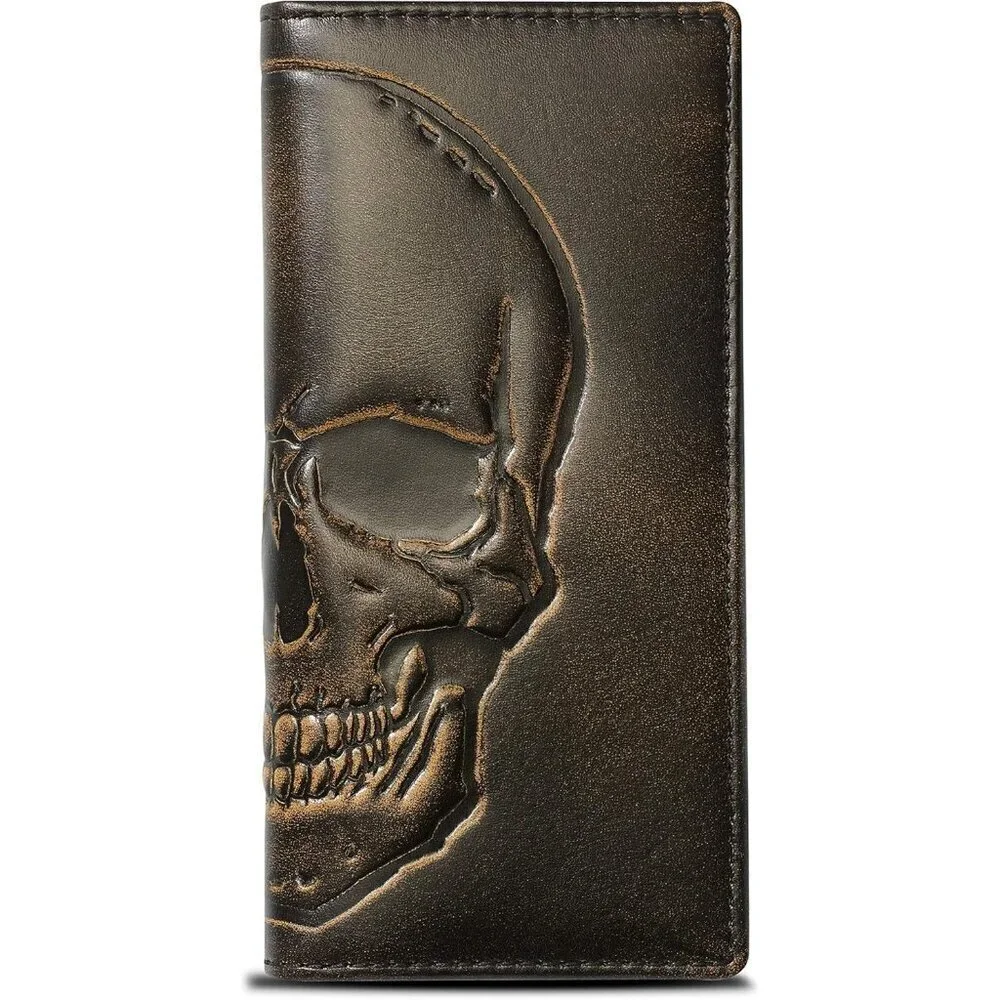 🆕Men Brown SKULL Long Wallet Hand Burnished Finish Grain Leather Bifold Wallet